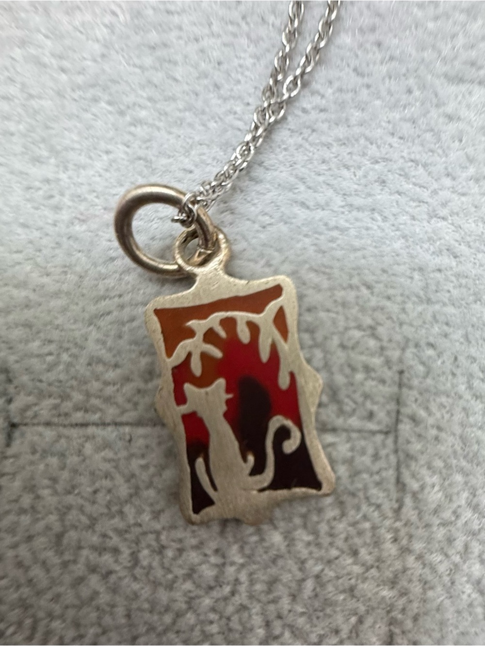 Silver Cat Silhouette Pendant Necklace - Red Enamel
